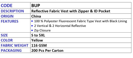 Vaultex Reflective Fabric vest with Zipper and ID Pocket, Code: BUP, 200 pcs per Carton by Supplytent.com