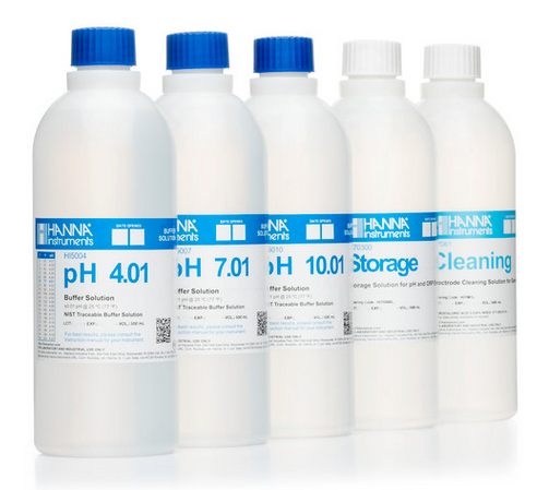 Hanna Technical pH Calibration & Electrode Maintenance Solution Kit – pH 4.01, 7.01, 10.01 + Storage + Cleaning (5 × 500 mL)