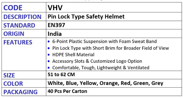 Vaultex Pin lock safety helmet with PLASTIC suspension, Code: VHV, 40 pcs per carton, Size: 51 to 62 CM by Supplytent.com