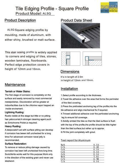 Aluminium Square Tile Edging Profile ALSQ – 2.5m Tile Edge Trim ( 12mm)