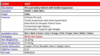 Vaultex Pin lock safety helmet with textile suspension, Code: VHT,HS code: 65061010, 40 pcs per carton by Supplytent.com