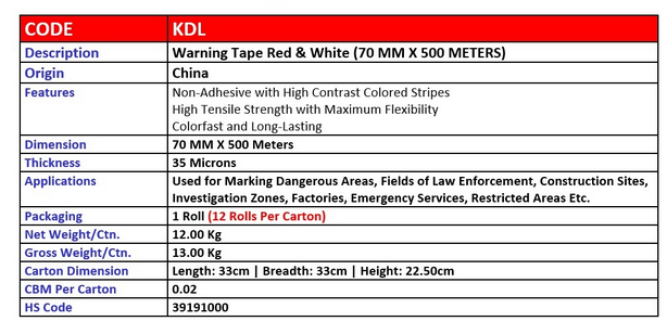 Warning Tape Red and white (70 mm x 500 Metres),HS code:39191000, 12 Rolls per carton by Supplytent.com