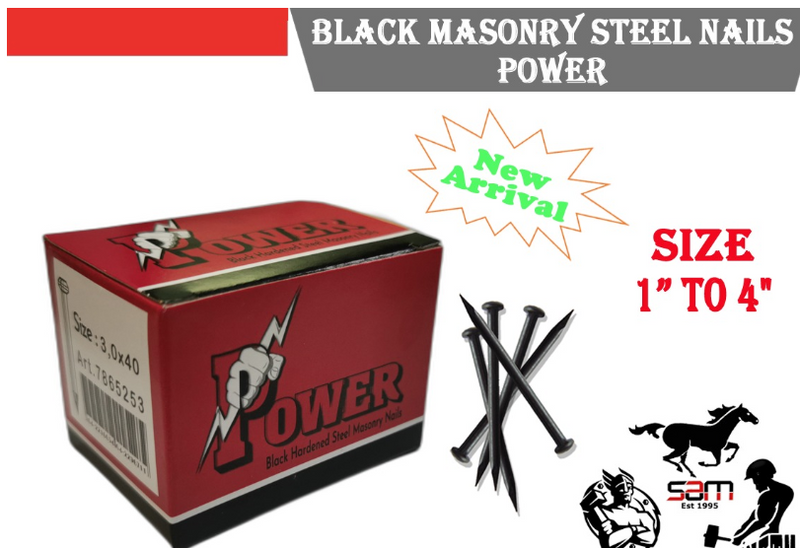 Black hardened masonary steel nails- Brand Power, 32 - 35 pcs in pkt, single carton by Supplytent.com