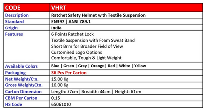 Vaultex Brand Ratchet safety helmet with TEXTILE suspension, HS code: 65061010,Code: VHRT 36 pcs per carton by Supplytent.com