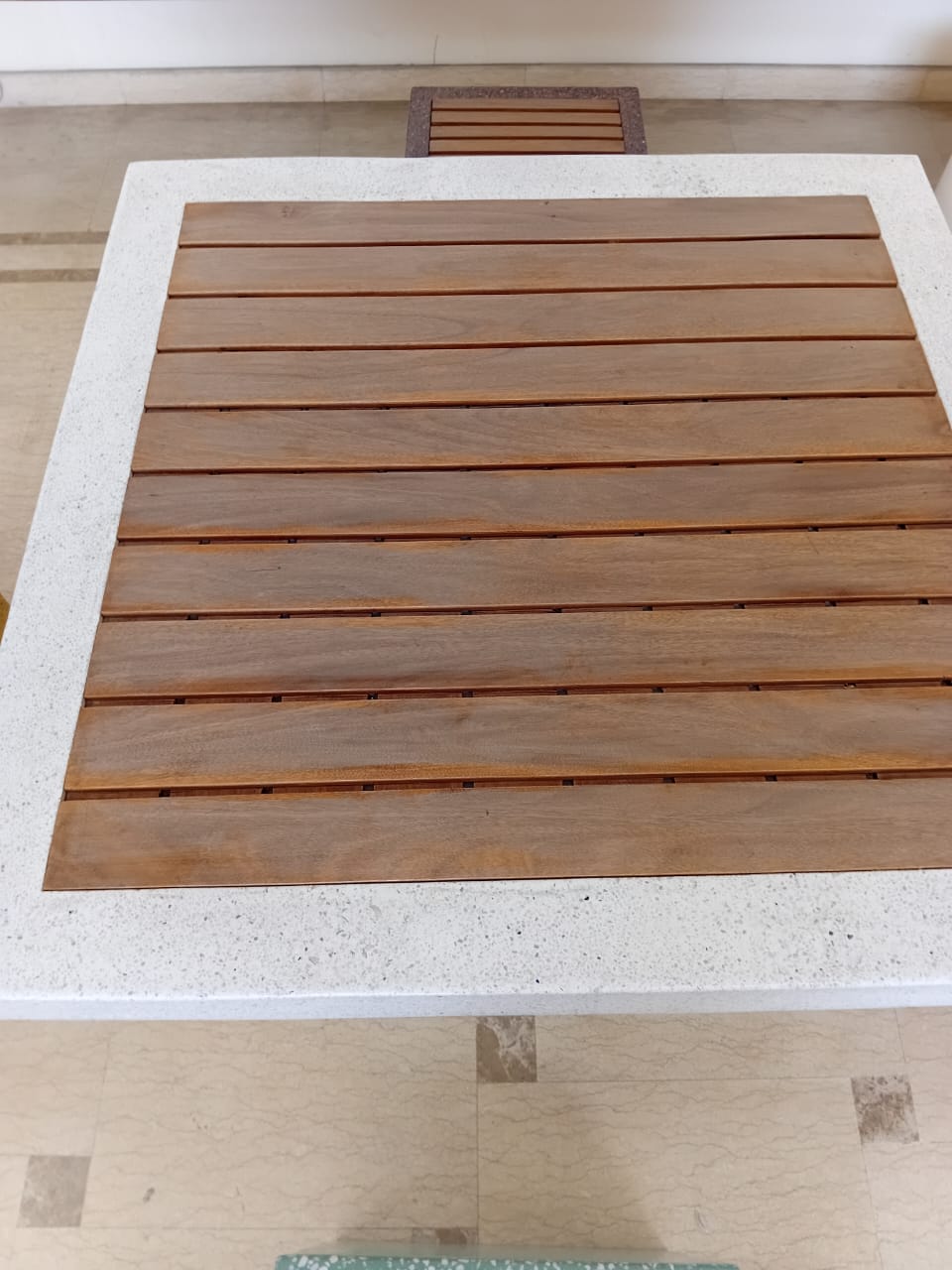 white Terrazzo table + 4 seats different colors by Supplytent.com