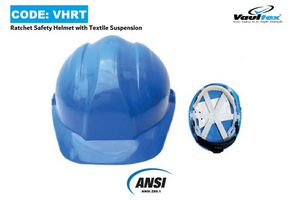 Vaultex Brand Ratchet safety helmet with TEXTILE suspension, HS code: 65061010,Code: VHRT 36 pcs per carton by Supplytent.com