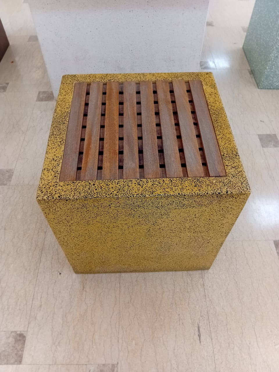 white Terrazzo table + 4 seats different colors by Supplytent.com